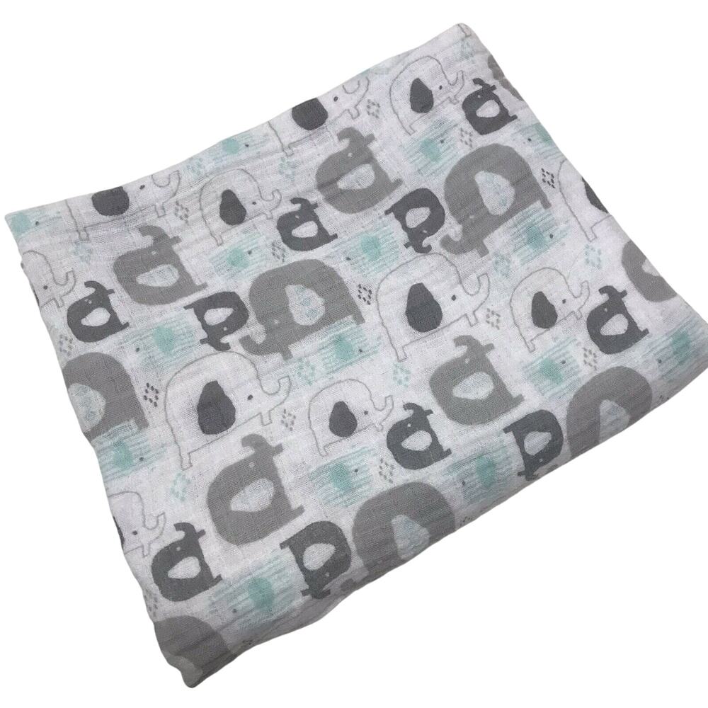 Chick Pea Elephant Baby Swaddle Blanket Muslin Gray White Green Blue Cotton